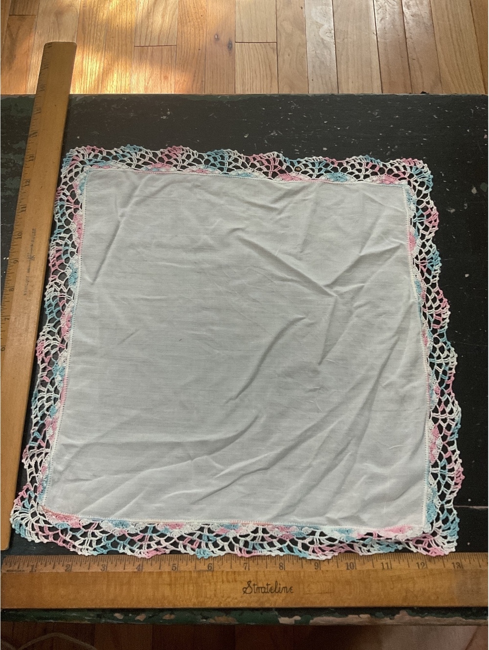 Vintage White Handkerchief with Multicolor Crochet Lace Trim